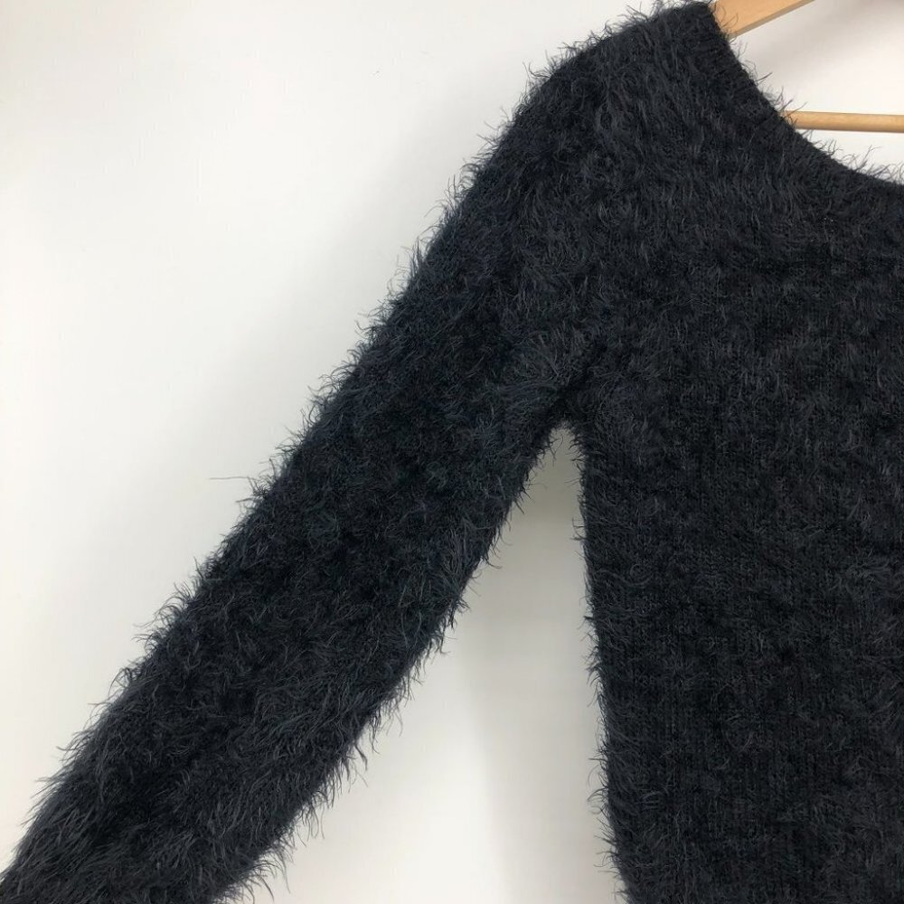 Monk & Lou Black  Eyelash Knit fuzzy soft sweater scoop or V neck 3/4 sleeve XS - Picture 5 of 15